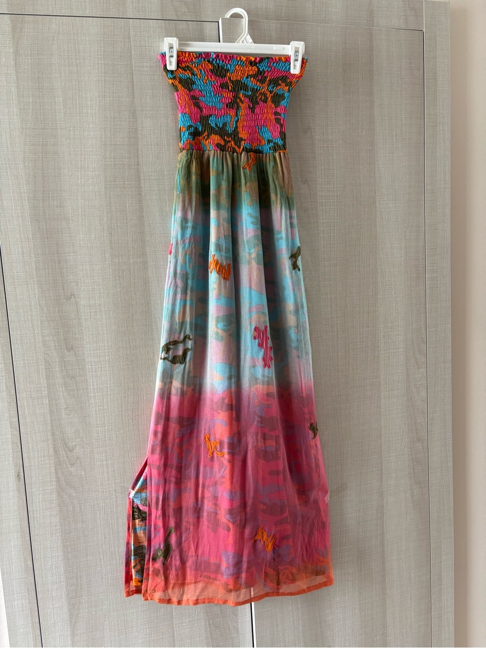 Smocked Strapless Girls' Ombre Maxi Dress in Pink and Teal